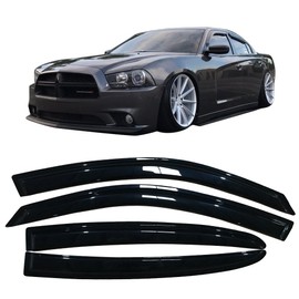 Window Visor Compatible With 2011-2020 Dodge Charger | Slim Style Acrylic Black Sun Rain Guards Cover By IKON MOTORSPORTS | 2012 2013 2014 2015 2016 2017 2018 2019