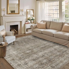 9x12 Washable Area Rug Grey Brown Vintage Rug for Living Room Bedroom Low Pile Soft Non-Slip Boho Rug for Under Table Boho Distressed Retro Carpet for Bedroom Kitchen Office Dining