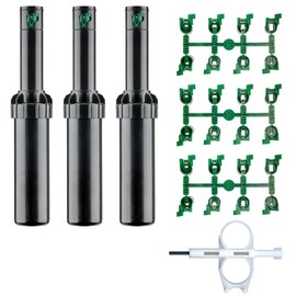 RIEGOPRO SRM-04 Pack of 3 Sprinklers. Range from 4 to 10.7 metres. Connection with 1/2 inch female thread. Includes nozzle set and adjustment wrench.
