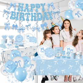 Blue Bow Birthday Party Supplies Serve 24,Coquette Birthday Decorations Blue Bow Party Plate,Napkin,Banner,Cup for Girls Women Bridal Engagement,Baby Shower Decorations