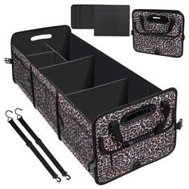 Trunk Organizer for Car, Car Storage Organizer with Non-Slip Bottom Strips, 95L Large Capacity Trunk Organizer for Suv, Truck, Sedan, Waterproof Portable Car Organizers for Women Men (Leopard print)