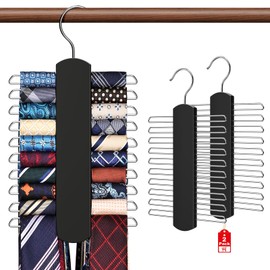 2 Pack Tie Rack for Closet, Premium Wooden Necktie Organizer Storage Tie/Belt Hanger, 360 Degree Swivel Space Saving Ties Holder for Men Hanging 40 Ties Black