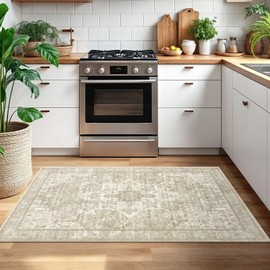 SIILOOM 3x5 Light Beige Grey Brown Washable Printed Rug for Living Room, Soft Boho Rug with Non-Slip, Low-Pile Vintage Area Rugs for Entryway Bedroom Dining Table, Dorm Carpet with Non-Shedding