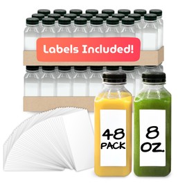 Reli. Plastic Juice Bottles [48 Bulk Pack] [8 oz] Square Plastic Juice Bottles with Caps & Sticker Labels | Clear, Empty for Juicing 8oz | Disposable, Reusable Containers for Juicing, Smoothies