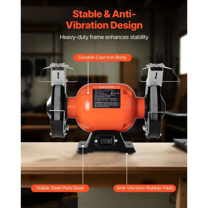 Single Speed 6-inch Bench Grinder with 1750RPM Low-Speed Table 250W