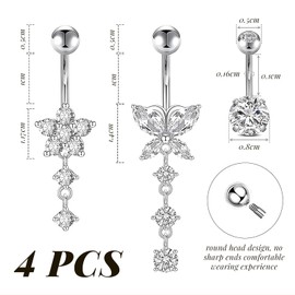 Cosmeria 4er Set Fake Bauchnabelpiercing, Silberfarbene Clip-On Bauchnabelpiercing Fakes mit Zirkonia-Verzierungen, Ideal für Partys und Alltag