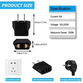 Rukinovi 4Pcs European to Us Plug Adapter,Travel Plug Adapter,Easy to Use Fireproof Safe US Travel Adapter,EU to Us Plug Adapter for American,Canada,Mexico,Type A (B-Black)