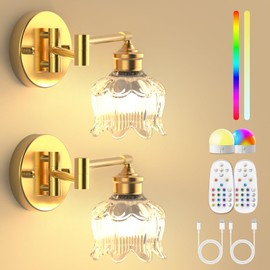 2 Pack Battery Operated Wall Sconce with Clear Flower Glass Shade, Rechargeable Wall Sconces Set of Two with Remote Control, 8000mAh Wireless Wall Lamp with Swing Arm for Bedside Bedroom Doorway
