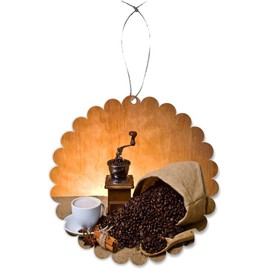 Sam Sandor - Coffee Grinder and Coffee Beans Coffee Cup - Round Scallop Ornament -Rearview Mirror Hanging Accessory, Car Accessories - Christmas Ornament