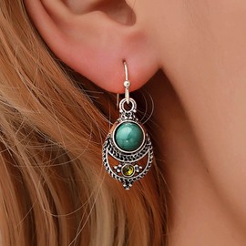 Boho Tiny Turquoise Earrings Silver Dainty Cz Green Crystal Teardrop Drop Earrings Simple Small Blue Dangle Hook Cute Vintage Teal Western Delicate Minimalist Trendy Jewelry for Women