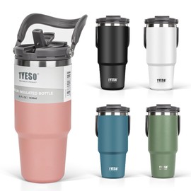 TYESO Tumbler with Straw, 33.8 fl oz (1,050 ml), Coffee, Water Bottle, Thermos Flask, Heat Insulated, Kettle with Handle, Vacuum Insulated, Double Layer, Wide Mouth, Large Capacity, Direct Drinking