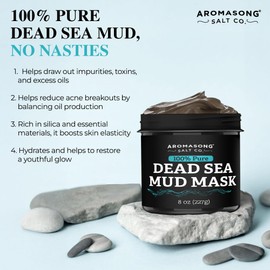 Aromasong 100% Pure Dead Sea Mud Mask for Face and Body - Spa Quality Pore Minimizer for Face & Oily Skin, Cleansing Natural Skin Care for Women and Men - 8 oz