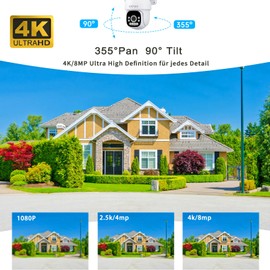 CAYVIS 4K Outdoor Surveillance Camera, PTZ Camera Outdoor, 355°/90° Swivel, Person Detection and Automatic Tracking, Red and Blue Light Alarm, Colour Night Vision 30 m, PIR 40 M (Digital Zoom 5X)