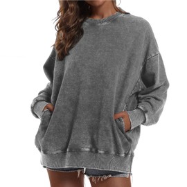 BINTEHGS Crewneck Oversized Sweatshirt for Women Loose Fit Long Sleeve Shirts Vintage Acid Wash Tshirt Basic Solid Color Tee (Gray,XL,X-Large)