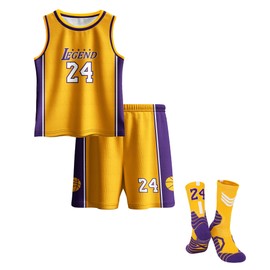 Hjshfue Kids Basketball Jerseys #24 Mesh Sleeveless Tank Top Shorts Socks for Boys Girls 3PC Sports Training Uniforms