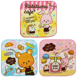 Hayashi PI443400 Towel Handkerchief, Petite Towel, Set of 3, Approx. 6.3 x 6.3 inches (16 x 16 cm), Rabikuma Cafe