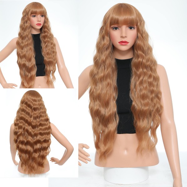 seelaugh Blonde Wig Long 75 cm Wig with Fringe Water Wave Synthetic Hair Wavy Long Wigs with Fringe Bangs Wigs for Women Hair Synthetic Fibre Curly Wave Blonde Wigs for Women Cosplay Girl Wig