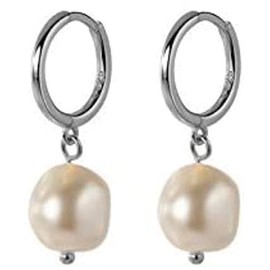 Baroque Pearl Dangle Hoop Earrings Sterling Silver 925 for Women Girls Dainty Dangling Charm Small Round Huggie Cuffs Cartilage Hoops 10mm Wedding Earring Jewelry Gifts Sensitive Ears