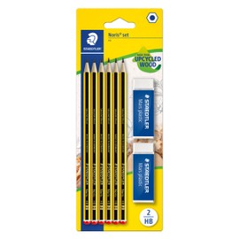 STAEDTLER Set di matite Noris 120, matite HB upcycled legno, 6 matite 2 gomme plastiche Mars, alta qualità, Made in Germany