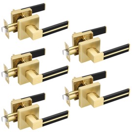 EHOMEWARE 5 Pack Gold Door Handles, Privacy Door Levers for Bedroom Bathroom, Interior Brass Door Knobs with Black Leather, Heavy Duty Lever with Modern Design