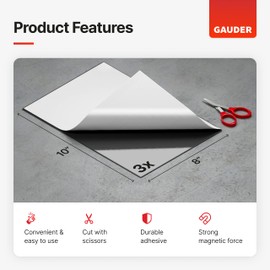 GAUDER Magnetic Sheets with Adhesive Backing (8” x 10”) | Black Magnetic Sheets | Adhesive Magnetic Sheets (3 Pieces)