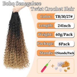 Auxemuen Senegalese Twist Crochet Hair with Curly Ends - Boho Island Twist Crochet Hair 8 Packs Boho Goddess Twist Crochet Hair Pre Looped Crochet Twists with Curly Ends (1B/30/27, 24 Inches)