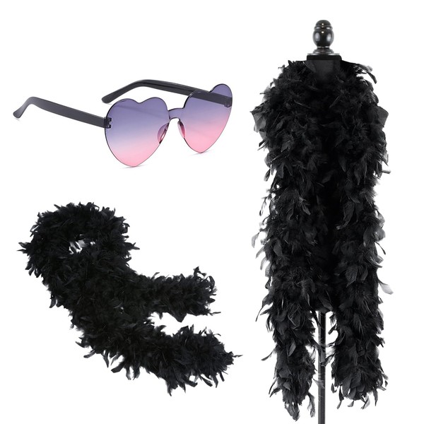 2pcs Black Feather Boas & Heart Rimless Sunglasses Set,6.6ft/2M Natural Turkey Feathers Scarf 80g Party Fluffy Feather Boa Fancy Dress for Girls Women Dancing Party Halloween Xmax Party Costume