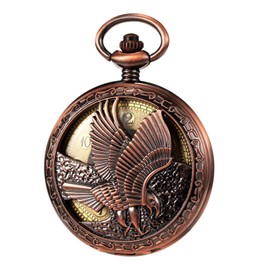 TREEWETO Mechanical Eagle Arabic Numerals Dial Skeleton Red Bronze Pocket Watch Watches with Gift Box and Chains for Mens Women