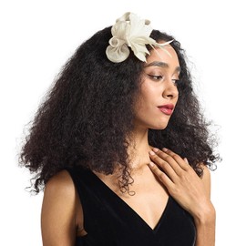 Tiny Fascinators for Women, Feather Tea Party Hats Wedding Mesh Kentucky Derby Hat, Cocktail, Wedding, Fancy Dress Party（Beige