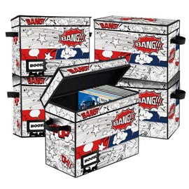 YNSZAS 5 Pack Comic Book Storage Box, 15.8" X 7.8" X 11.8", Collapsible Holds 160-180 Comic Book Short Box Bin Container Holder Shelf(Cartoon Clock)