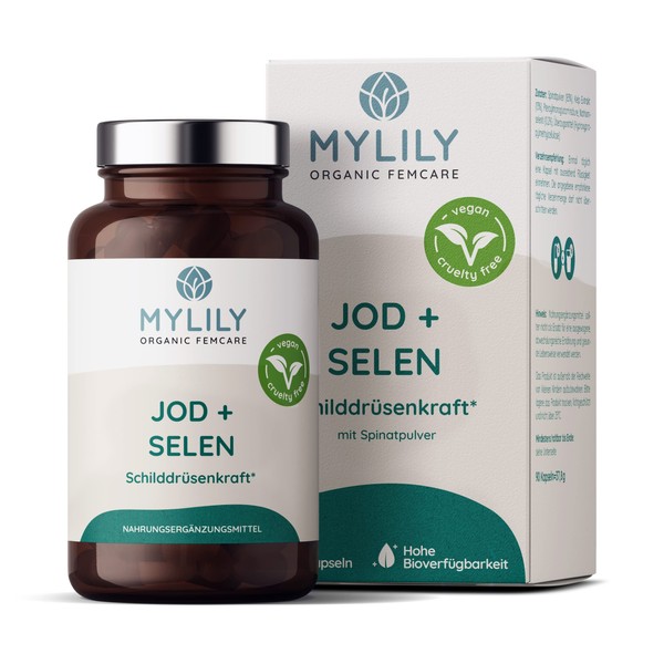 MYLILY® Thyroid Power, Thyroid Support, If You Want Children, Iodine & Selenium, Folate, 100% Plant-based, Vegan Diet, For Metabolism, 90 Capsules, Thyroid Tablets