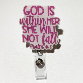 Scripture Badge Reel ‚Äì Inspirational Bible Verse ID Holder with Optional Glitter, Durable Design for ID, Keys & Cards, Ideal for Christians:_GOD is within her, pink font_no
