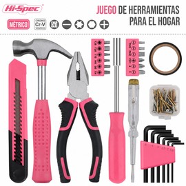Hi-Spec Juego de Herramientas Rosa Compacto de 25 Piezas para Mujer con Cuchillo Incluido. Kit Portátil de Herramientas Básicas para el Hogar Oficina con Martillo Pinzas y Llaves hexagonal