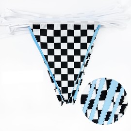 32Ft Racing Party Decorations Blue Black White Checkered Racing Car Fabric Banner Triangle Flag Pennant Garland Streamers for Boys Car Birthday Party Supplies Baby Shower NASCAR Picnic Outdoor Decor