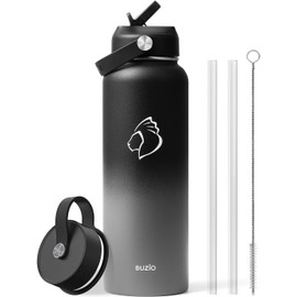 Stainless Steel Water Bottle with Straw, BUZIO Insulated Water Bottle with Straw Lid and Flex Cap 1180 ml Vacuum Cold for 48 Hrs, Hot for 24 Hrs Double Wall Wide Mouth BPA Free Leak Proof, Black Grey