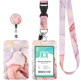 Lanyard with Card Holder Swivel Lobster Clasp with Lanyards, Retractable for Nurse ID Cards, Keys, Camera (Marbled Pink)