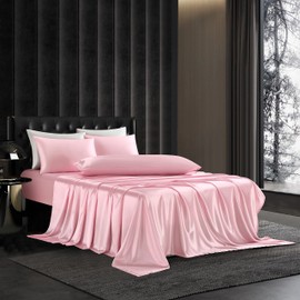 HommxJF 5Pcs Pink Silk Sheets Full Size Satin Sheets Set Silky Breathable Luxury Bedding Sheets Set with 1 Satin Flat Sheet,1Deep Pocket Fitted Sheet,3 Pillowcases