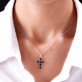 IJ INSPIRING JEWELLERY Diffused Blue Sapphire Cross Pendant Necklace 925 Silver Religious necklace