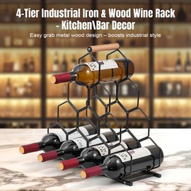 Tocemei Countertop Wine Rack & Wine Bottle Holder - Industrial Style Honeycomb Design 10-Bottle Wine Storage with Wooden Handle, 4 Tier Solid Iron Wide Base & Easy Installation, for Home Bars/Cellars
