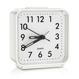ORIA - Reloj despertador analógico, pequeño sin tictac, movimiento de cuarzo de 3 pulgadas, con luz, función de repetición, aumento de sonido de alarma, reloj despertador simple para ancianos, adolescentes, blanco