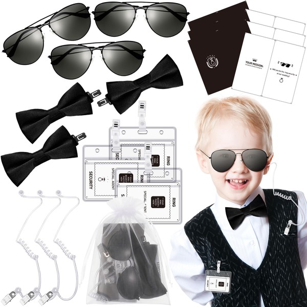 Mepase 18 Pcs Ring Bearer Gifts Ring Wedding Bearer Security Include Ring Bearer Proposal Bow Tie, Security Badge, Sunglasses, Earpiece, Card and Organza Bags for Kids Police Secret Service Costume