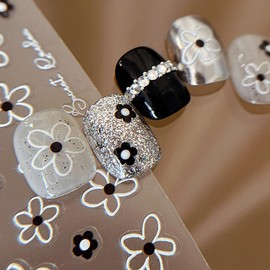 Embossed Flower Nail Art Sticker Decals, Spring Summer Floral Nail Decals, 5D Flower Self-Adhesive Nail Stickers for Women Girls DIY Manicure Black White Floral Nail Decoration Supplies 1 Sheet