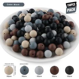 Kovict 150Pcs Silicone Beads 15mm Mix Color, Bulk Silicone Beads for Keychain Making, 15mm Silicone Beads for Pens and Bracelet Making（Black）