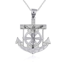 Fine Sterling Silver Mariners Anchor Jesus Cross Crucifix Nugget Pendant Necklace (MD), 18"