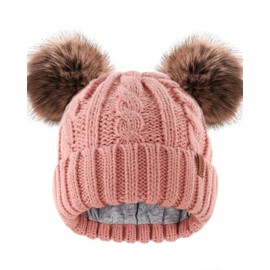 FURTALK Unisex Baby Toddler Child Fleece Lined Cute Beanie Knitted Hat with Double Faux Fur Pompoms Warm Winter Hat for Girls and Boys, pink