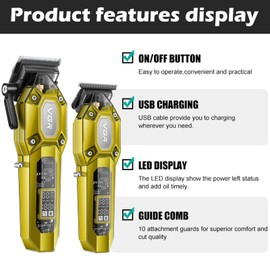VGR Professional Hair Clippers for Men, Cordless Barber Clippers and Trimmers Set, Mens Hair Cutting Kit with 10 Guide Combs, USB Rechargeable Haircut Machine for Family, LED Display, Gold