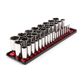 TEKTON 1/4, 3/8, 1/2 Inch Drive Deep 6-Point Socket Set with Rails, 37-Piece (4-38 mm) | SHD99207