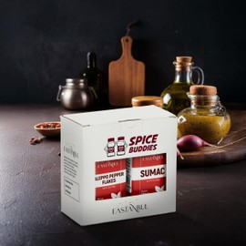 Aleppo Pepper and Sumac, Aleppo Pepper Flakes 5.3oz, Sumac Spice 6.4oz, Spice Set of Pul Biber and Sumak Seasoning, Moderate Heat Crushed Turkish Red Chili, Spice Buddies