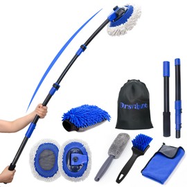 15°Curved Car Wash Brush with Long Handle Kit, 55-Inch 4-Section Extendable Pole with Replacement Head, Chenille Mitt, Tire & Wheel Hub Brushes, Towel, Storage Bag for Car, RV, Truck [Scratch Free]