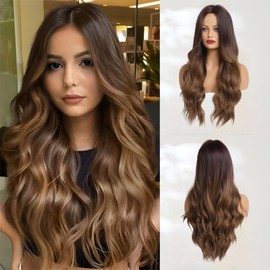Haoland Long Ombre Brown Wavy Wig for Women 26 Inch Middle Part Curly Women's Charming Synthetic Wig with Natural Wavy Brown Heat Resistant Hair for Wedding Daily Party Use